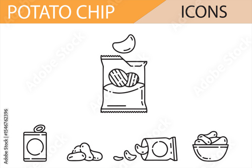Icon Collection of Chips, Can, and Potato Snacks

