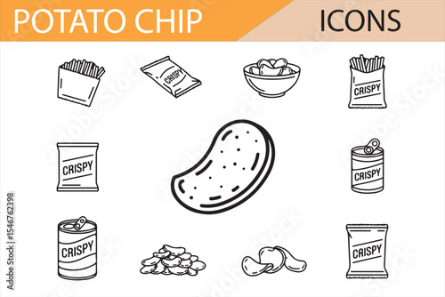Illustrative Potato Chips Bag, Bowl, and Can Icon Set