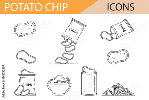 Potato Chips and Snack Packaging Icons in Line Art