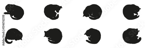 Sleeping Cat Silhouettes In Icon Set. Feline Resting And Relaxation Symbol Collection. Pet Care And Animal Behavior Use. Isolated Vector Illustration