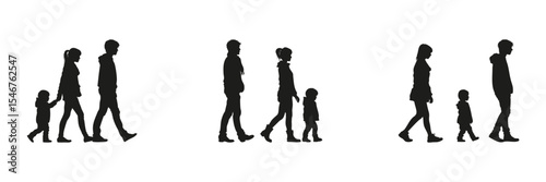 Family Walking Silhouette Set. Parenting, Childhood, And Family Bonding Symbol Collection. Social And Educational Use. Isolated Vector Illustration