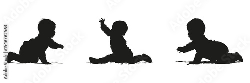 Baby Crawling And Playing Silhouette Set. Infant Development And Early Childhood Activity Symbol Collection. Parenting And Educational Use. Isolated Vector Illustration