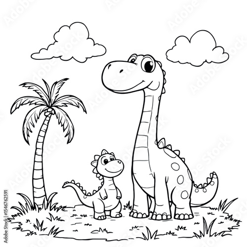 Cute Dinosaur Family Outlined for Coloring Book with a Tropical Theme