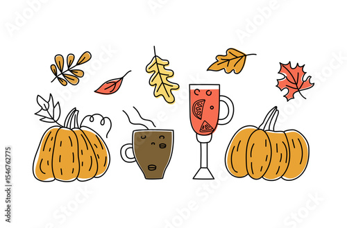 Autumn set, elements of the collection pumpkin, hot drinks, autumn leaves. Coffee, mulled wine. Cold season, leaf fall. Vector illustration, drawing, doodle.