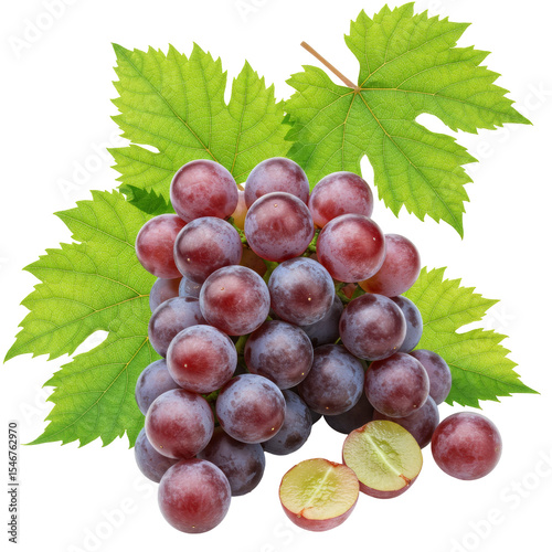 Red grape cluster with leaves isolated on transparent background,  Bunch of fresh ripe juicy pink grapes PNG 