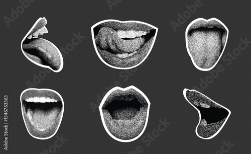 cut out open mouth screaming and tongue out woman lips with grunge punk y2k newspaper collage, halftone stipple effect and Torn comic business paper sticker