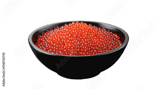 Black bowl with red caviar isolated on white background elegantly displayed