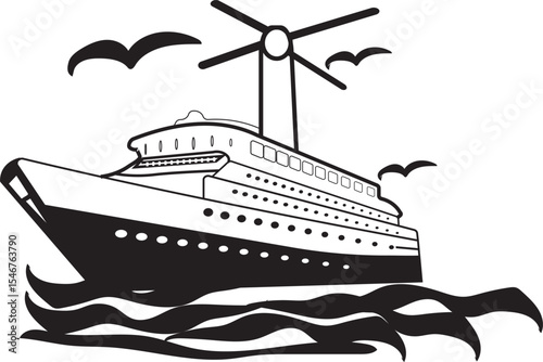 liner cruise ship sailing on calm waters. Majestic cruise ship sailing ocean liner, cruise ship vector, Black and white illustration of a classic ocean liner, classic sailing ship with multiple mast.