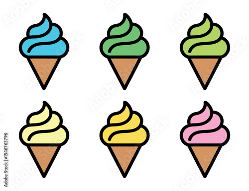 Four Colorful Ice Cream Cones with Swirls of Different Flavors