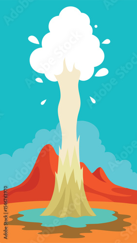 Volcanic eruption depicted with colorful landscape and clear sky illustration