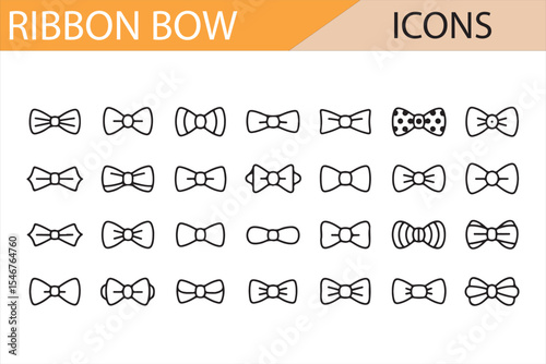 Set of vector icons featuring ribbon bows in various styles, designed in minimalist line art, perfect for fashion, gift wrapping, celebration, and design-related projects.