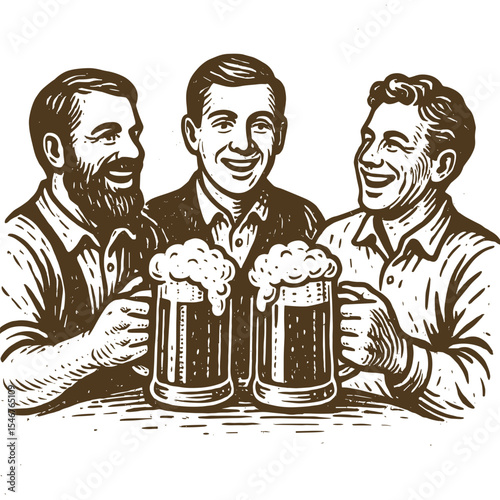 Three men smiling and toasting with beer mugs in vintage style  