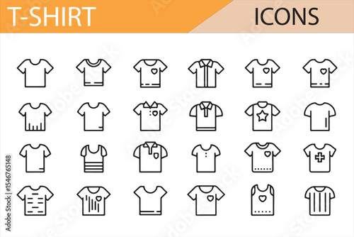 Set of vector icons representing various styles of t-shirts, featuring different designs, collars, pockets, and patterns, ideal for fashion, apparel, and retail design projects.