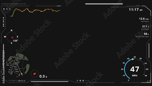 Futuristic UI telemetry overlay template on black background. Includes speed, altitude, GPS data, speed tracker, minimap and HUD elements. For action camera, car camera, sport videos, FPV overlays.