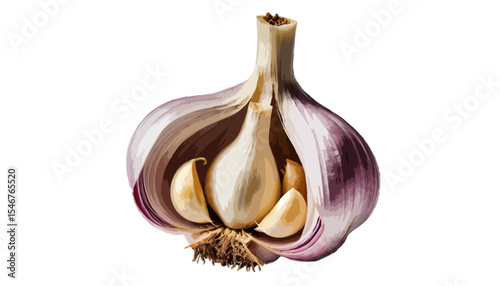  A whole garlic bulb with individual cloves peeled open displayed on a transparent background showing texture