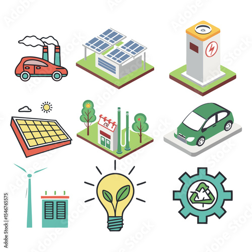  Isometric Eco Energy and Green Technology Icon Set – Solar, Wind, Electric Vehicles, Renewable Power Generation.