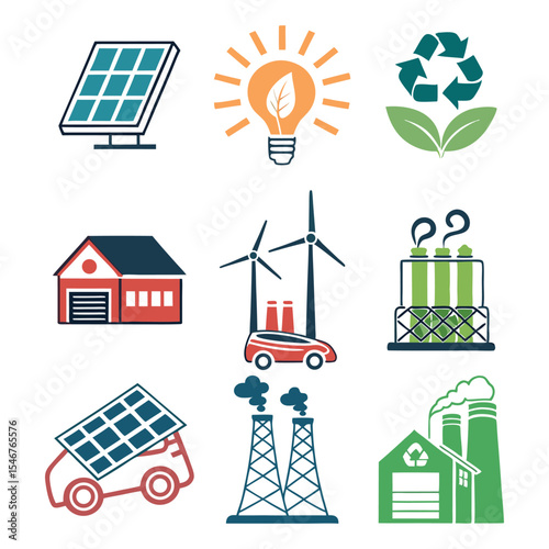  Isometric Eco Energy and Green Technology Icon Set – Solar, Wind, Electric Vehicles, Renewable Power Generation.