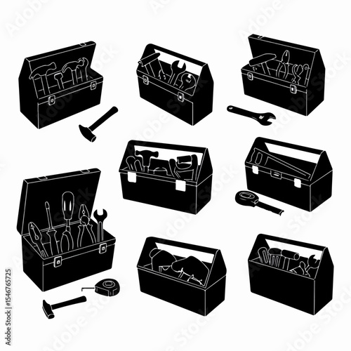 Toolboxes filled with various tools collection