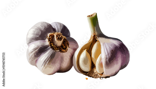 A whole garlic bulb with individual cloves peeled open displayed on a transparent background in bright light