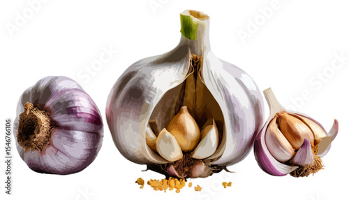 A whole garlic bulb with individual cloves peeled open displayed on a transparent background closeup view.
