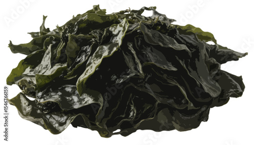 A small pile of dried wakame seaweed with its dark green slightly curled leaves isolated on a transparent background showcasing textureA small pile of dried wakame seaweed with its dark green slightly
