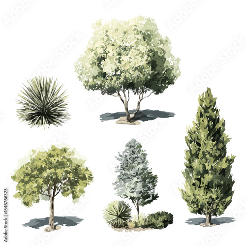 Diverse Tree And Shrub Watercolor Illustration Set. Garden Design And Landscape Architecture Collection. Isolated Vector Illustration