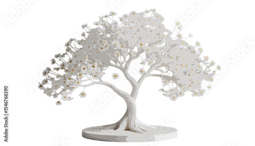 A minimalist white tree sculpture with daisy like blossoms stands against a soft gradient background highlighting elegance