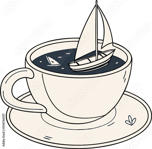 A whimsical sailboat floats serenely within a coffee cup