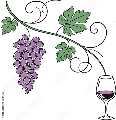 Elegant grapevine design with ripe purple grapes and a wine glass ideal for winery logos branding and wine labels