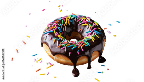 A donut with dark chocolate glaze and rainbow sprinkles on a black background perfect for a banner with ample space to showcase creativity