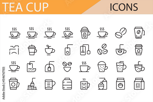 Set of vector icons featuring different types of tea cups, coffee cups, and hot beverage cups in various styles including traditional, modern, and disposable cups, perfect for drink-related designs.