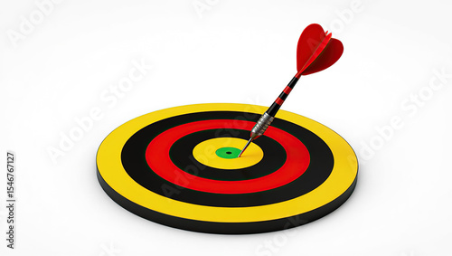 A Precise Dart Hit on a Bullseye Target with Concentric Rings of Yellow, Black, and Red Colors, Achieving Ultimate Accuracy and Success in a Game of Skill and Precision on a Clean White Background