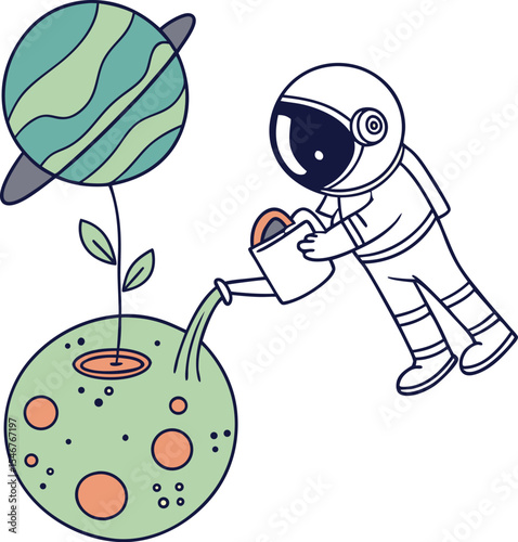 Adorable Astronaut Tending a Plant on a Unique Planet: A whimsical space-themed design perfect for branding, logos, and children's products.