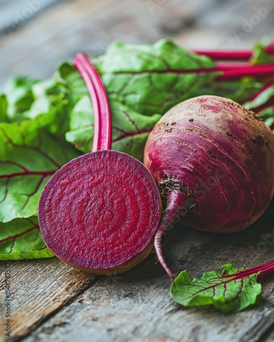 Fresh beetroots with vibrant red flesh and leafy green tops on rustic wooden surface