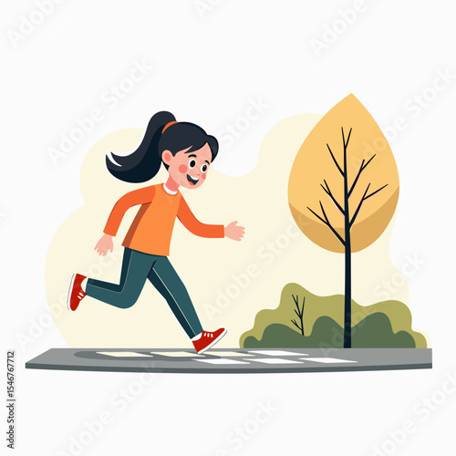 Happy girl running on pathway in park during autumn season  