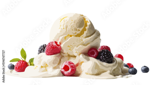  A ball of vanilla ice cream mixes with fresh wild berries and whipped cream in the air on a white background floating delicately above