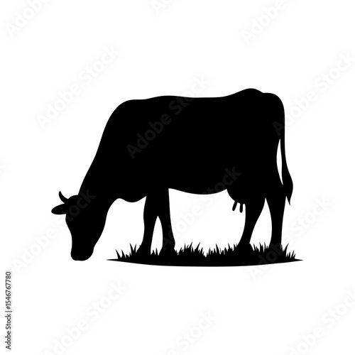 Black silhouette of cow grazing on white background vector illustration