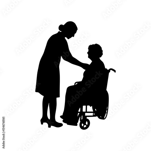 Black silhouette of nurse helping patient on white background vector illustration