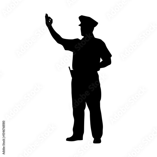 Black silhouette of police officer directing traffic on white background vector illustration