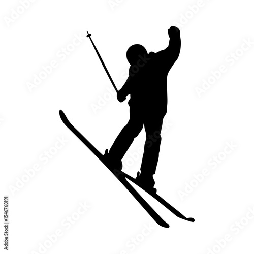 Black silhouette of skier jumping on white background vector illustration