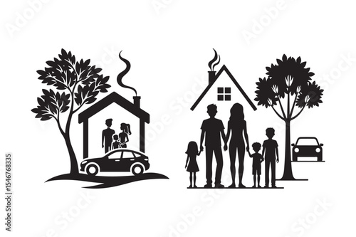 Happy Family Home Silhouette Vector Set House, Car, Tree, Parents, Children Icons