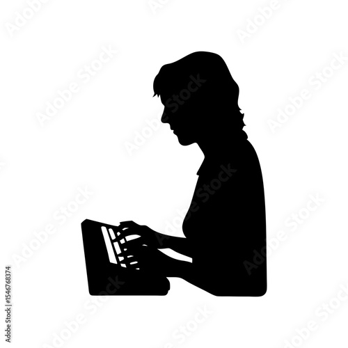 Black silhouette of writer typing on white background vector illustration