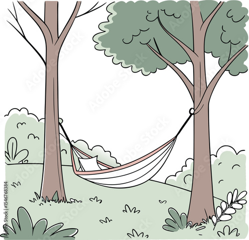Serene Hammock Scene Design featuring lush trees, grass, and a relaxing hammock perfect for nature-themed branding, websites, or print designs.