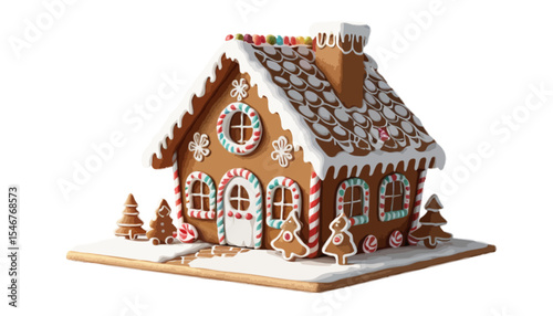 3D illustration of a gingerbread house with white icing and decorative details surrounded by winter trees