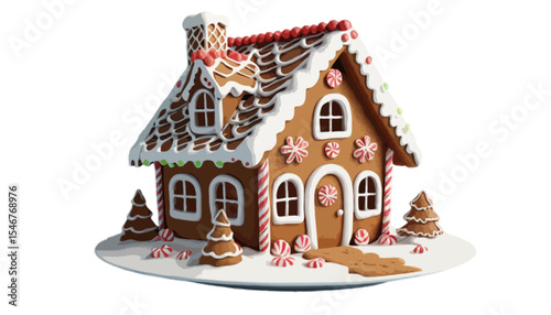 3D illustration of a gingerbread house with white icing and decorative details on a snowy hill