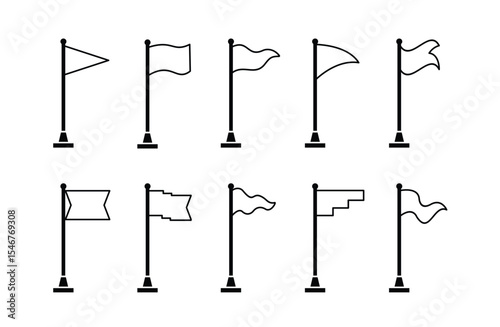 set 10 Collection of flag and pennant icons with poles for start, end, banner, location, pin destination map pictograms in monoline style . part 4