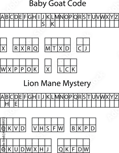 Baby Goat Code and Lion Mane Mystery Letter Grid Puzzles Alphabetical Codes vector