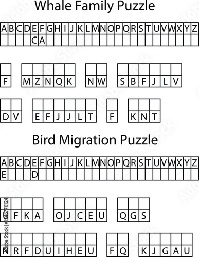 Two Blackand Alphabet Letter Puzzles Whale Family Bird Migration Themes letters grid