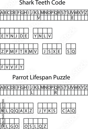 Two Alphabet Letter Puzzles Shark Teeth Code Parrot Lifespan Grids letters