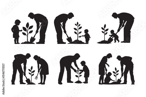 Family Tree Planting Silhouettes Kids Gardening Environmental Education Vector  